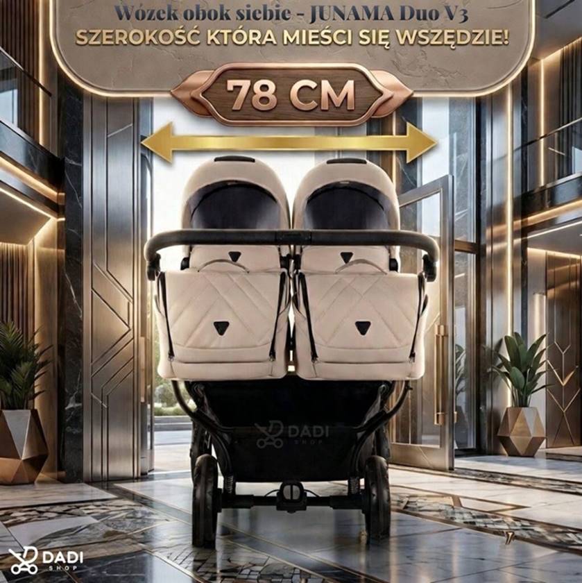 Wózek bliźniaczy obok siebie Junama Duo V3 o szerokości 78 mieści się w drzwiach i wąskich przejściach